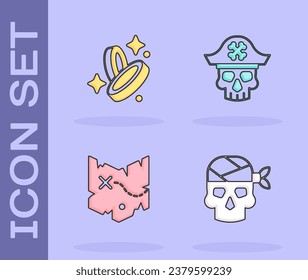 Poner a Capitán Pirata, moneda, mapa del tesoro e icono. Vector