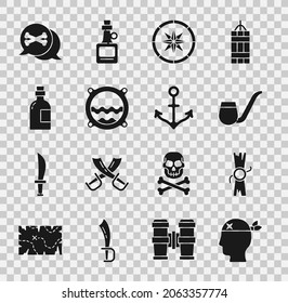 Set Pirate captain, Decree, parchment, scroll, Smoking pipe, Compass, Ship porthole with seascape, Alcohol drink Rum, Location pirate and Anchor icon. Vector