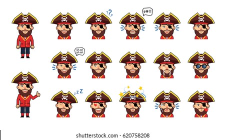 Set of pirate captain emoticons. Funny pirate emojis showing various facial expressions. Angry, dazed, tired, surprised, serious, laugh, smile, sleep and other emotions. Simple vector illustration