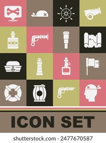 Conjunto de capitán pirata, bandera, mapa del tesoro, volante del barco, pistolas de Antiguas, bebida alcohólica Ron, pirata de Locación y telescopio Spyglass icono de lente. Vector