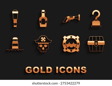 Set Pirate captain, hook, Antique treasure chest, Ship porthole with seascape, Lighthouse, Vintage pistol, Spyglass telescope lens and Alcohol drink Rum icon. Vector