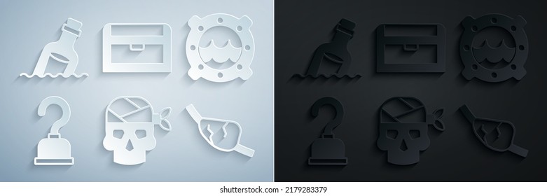 Set Pirate captain, Ship porthole with seascape, hook, eye patch, Antique treasure chest and Bottle message water icon. Vector