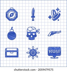 Set Pirate captain, Ship steering wheel, Alcohol drink Rum, Vintage pistol, Antique treasure chest, Bomb ready explode, coin and Compass icon. Vector