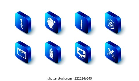Fijar capitán Pirata, espada, escudo con cráneo pirata, espadas cruzadas, ubicación, bomba dinamita, cofre del tesoro antiguo e icono. Vector
