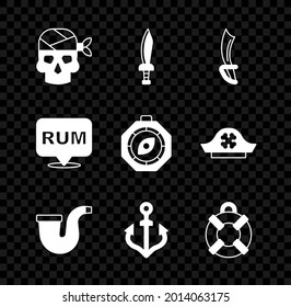 Set Pirate captain, sword, Smoking pipe, Anchor, Lifebuoy, Alcohol drink Rum and Compass icon. Vector