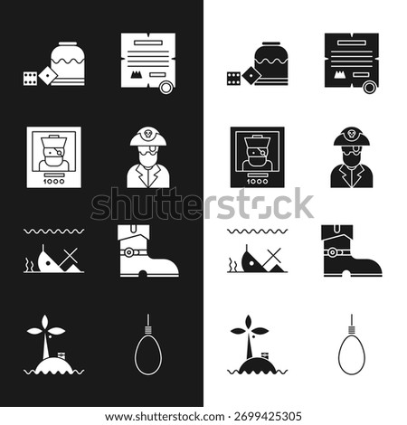 Set Pirate captain, Wanted poster pirate, game dice, Decree, parchment, scroll, Sunken ship, Leather boots, Gallows rope loop hanging and Tropical island ocean icon. Vector