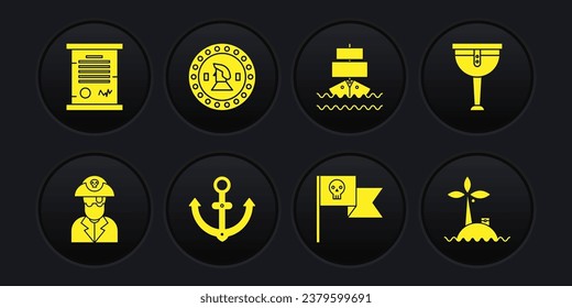 Capitán del Pirata, pierna pirata de madera, Ancla, bandera con cráneo, Barco, moneda, océano y decreto de isla tropical, pergamino, icono de pergamino. Vector