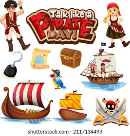 Set of pirate cartoon characters and objects illustration