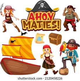Set of pirate cartoon characters and objects illustration