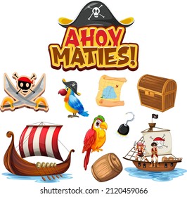 Set of pirate cartoon characters and objects illustration