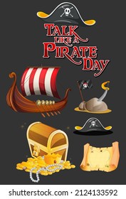 Set of pirate cartoon characters and objects illustration