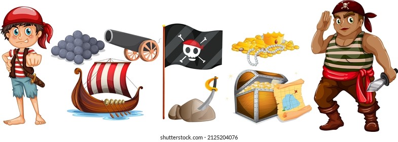 Set of pirate cartoon characters and objects illustration