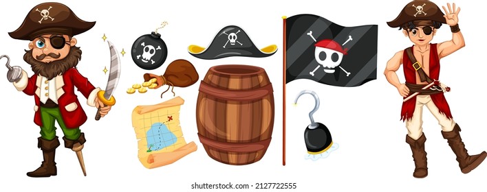 Set of pirate cartoon characters and objects illustration