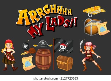Set of pirate cartoon characters and objects illustration