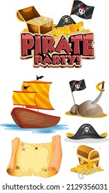 Set of pirate cartoon characters and objects illustration