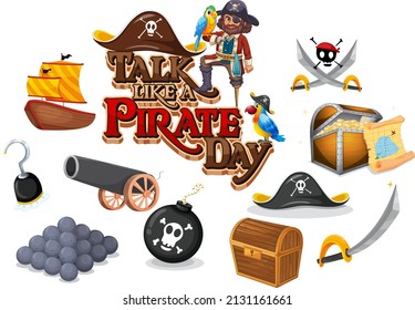 Set of pirate cartoon characters and objects illustration