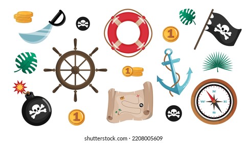 Set of pirate cartoon objects, set of icons. Сollection of nautical adventure items. Flat vector illustration.