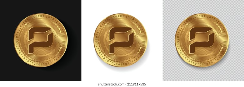 Set of Pirate Chain ARRR crypto currency logo symbol vector isolated on white, dark and transparent background. Can be used as golden coin sticker, icon, label, badge, print design and emblem