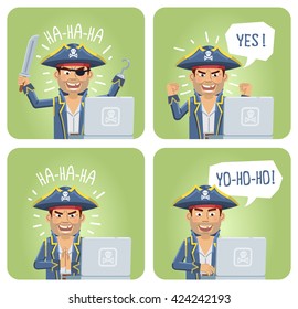 Set of pirate characters with laptop posing in different situations. Modern internet piracy concept, hacker. Happy pirate celebrating. Flat style vector illustration