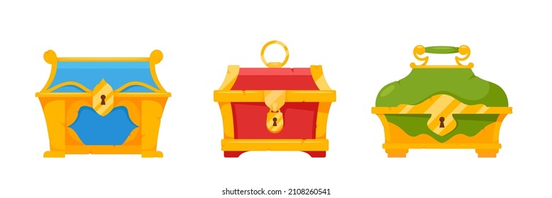 Set of Pirate Chests Isolated Icons, Closed Gold Caskets with Golden Metal Elements and Keyholes. Treasury, Loot, Royal Abundance, Jewel Boxes on White Background. Cartoon Vector Illustration