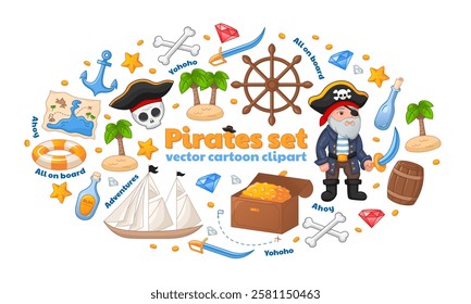 Set of pirate clipart in cartoon style. Pirate with a sabre, treasure map, open treasure chest isolated on white background.