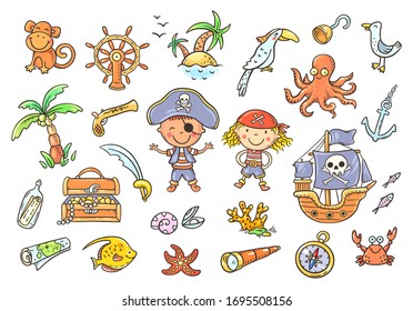 A set of pirate cliparts suitable for stickers, vector illustration