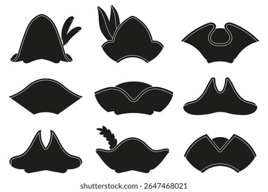 Conjunto de piratas fechou a silhueta do chapéu. Ícones de chapéu preto pirata