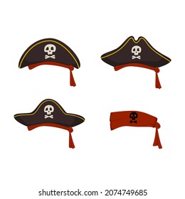 Set of Pirate cocked hat with skull and crossbones and bandana. Festive headdress for masquerade, carnival or holiday