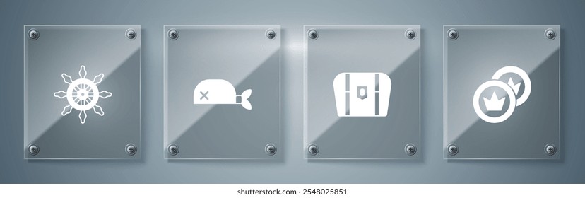 Set Pirate coin, Antique treasure chest, bandana for head and Ship steering wheel. Square glass panels. Vector