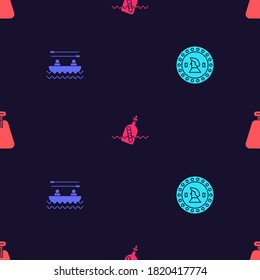 Set Pirate coin, Boat with oars, Bottle message water and sack on seamless pattern. Vector.