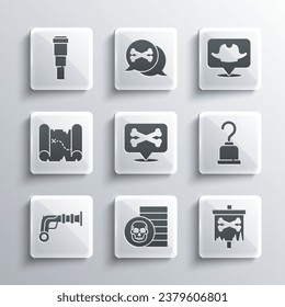 Set Pirate coin, flag, hook, Location pirate, Vintage pistols, treasure map, Spyglass telescope lens and  icon. Vector