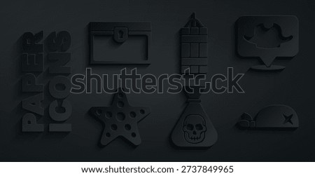 Set Pirate coin, Location pirate, Starfish, bandana for head, Dynamite bomb and Antique treasure chest icon. Vector