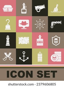 Set Pirate coin, Shield with pirate skull, Vintage pistols, Cannon, Location, hook, Sailor hat and Ship steering wheel icon. Vector