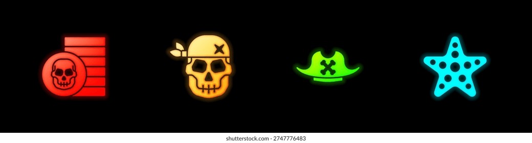 Set Pirate coin, Skull, hat and Starfish icon. Vector