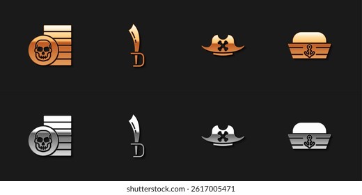 Set Pirate coin, sword, hat and Sailor icon. Vector