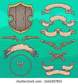 set of pirate crest design featuring gun skull ribbon banner and shield perfect for design