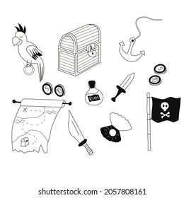 set of pirate elements, parrot, coins, map of treasure, pearl, knifes, treasure chest, anchor, flag, bundle pirate