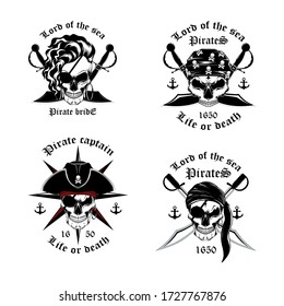 Set of pirate emblems. Emblems with the image of skulls of pirates with swords, a rose of winds, anchors. Black and white vector image on a white background.