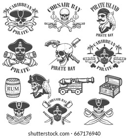 Set of pirate emblems isolated on white background. Design elements for logo, label, emblem, sign. Vector illustrations.