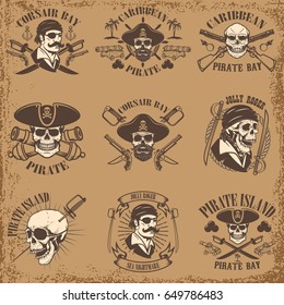 Set of pirate emblems on grunge background. Corsair skulls, weapon, swords,guns. Design elements for logo, label, emblem, sign, poster, t-shirt. Vector illustration