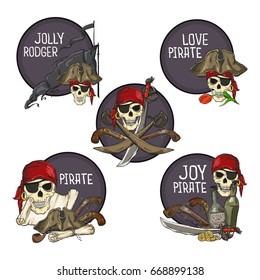 Set of pirate emblems with skull, hat, maps, pistols, and smoking pipe on circle background. Vector illustration