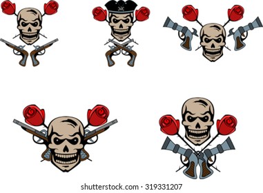 Set of pirate emblems with skulls and guns