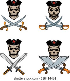 Set of pirate emblems with skulls and swords