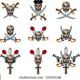 Set of pirate emblems with skulls and swords
