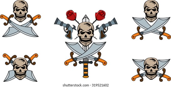Set of pirate emblems with skulls and swords
