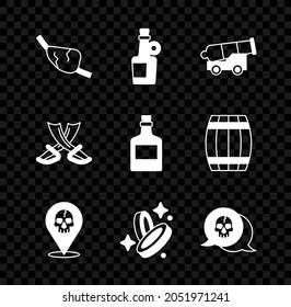 Set Pirate eye patch, Alcohol drink Rum, Cannon, Location pirate, coin, Skull, Crossed swords and  icon. Vector