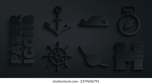 Set Pirate eye patch, Compass, Ship steering wheel, Binoculars, bandana for head and Anchor icon. Vector