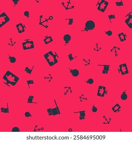 Set Pirate flag, Anchor, Location pirate and Bomb ready to explode on seamless pattern. Vector