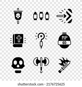 Set Pirate flag, Bullet, Magic arrow, Skull, Medieval poleaxe, Sword for game, Holy bible book and wand icon. Vector
