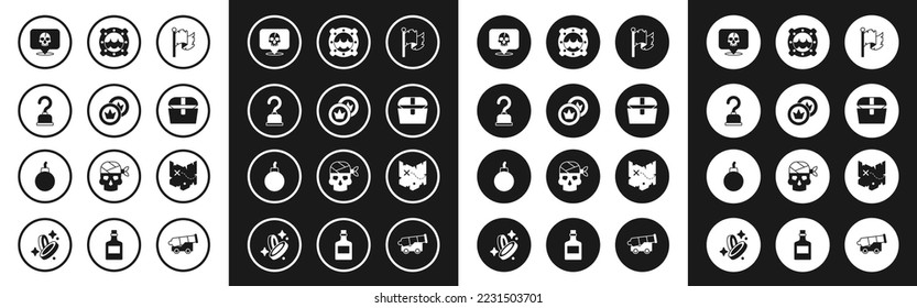Indique la bandera pirata, la moneda, el gancho, el cráneo, el cofre del tesoro antiguo, el ojo de buceo con la capa marina, el mapa y la bomba listos para explotar el icono. Vector